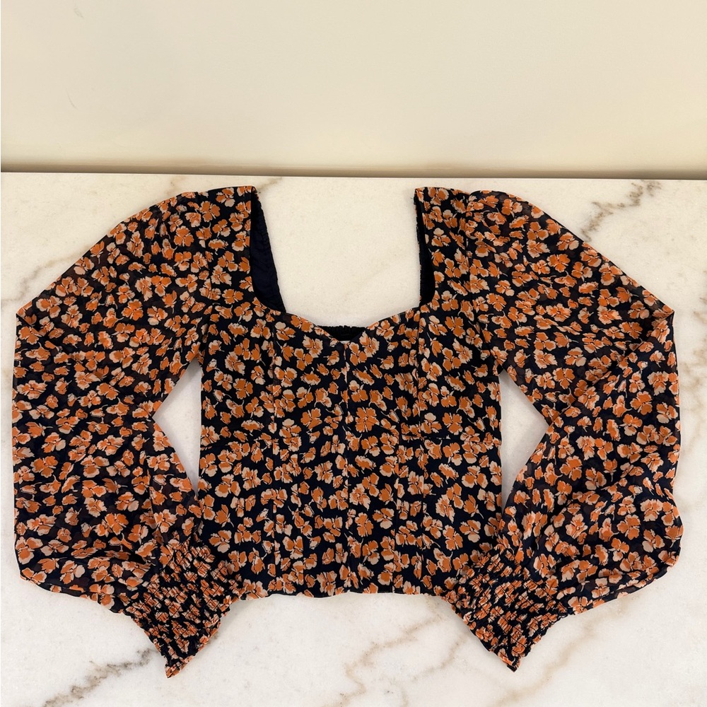 Abercrombie & Fitch Black Floral Square-Neck Long Sleeve Crop Top